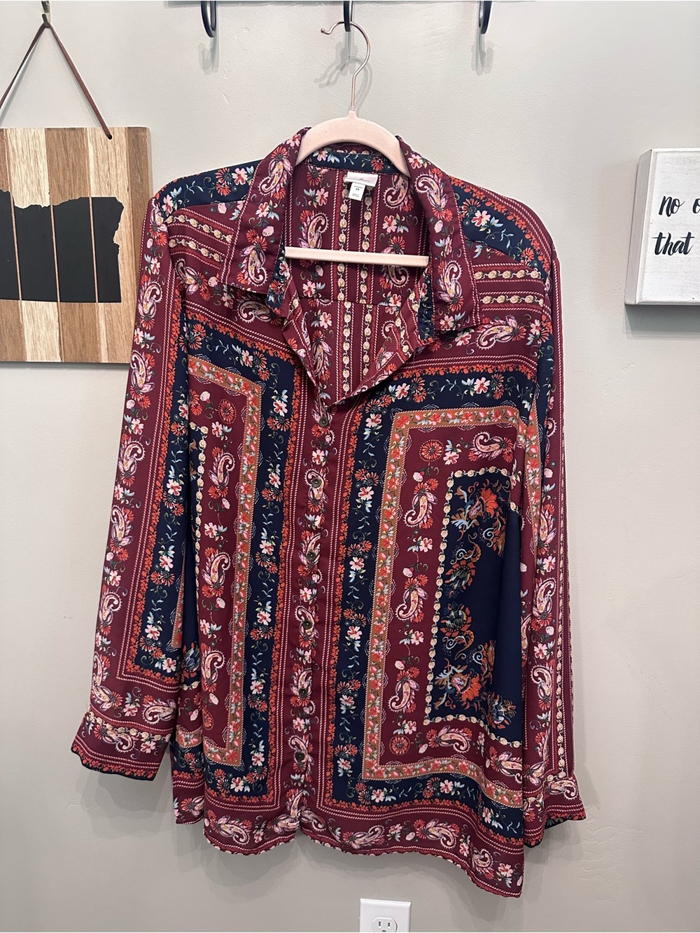 dressbarn Burgundy and Navy Paisley Button-Down Shirt